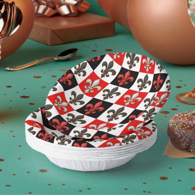 Red Black White Chequered Fleur-de-lis Design  Paper Plate (Creator Uploaded)