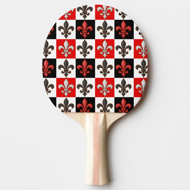 Red Black White Chequered Fleur-de-lis Design  Ping Pong Paddle (Front)