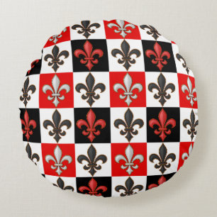 Red Black White Chequered Fleur-de-lis Design  Round Cushion