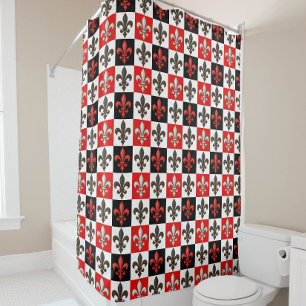 Red Black White Chequered Fleur-de-lis Design  Shower Curtain