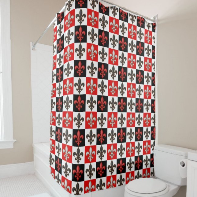 Red Black White Chequered Fleur-de-lis Design  Shower Curtain (Creator Uploaded)