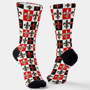 Red Black White Chequered Fleur-de-lis Design Socks