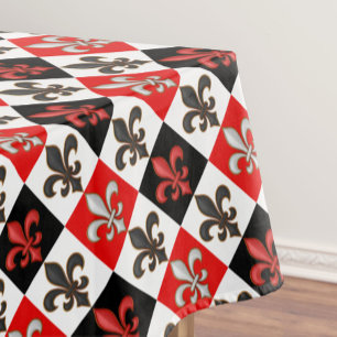Red Black White Chequered Fleur-de-lis Design Tablecloth
