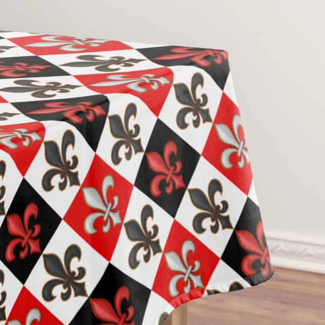 Red Black White Chequered Fleur-de-lis Design  Tablecloth (Creator Uploaded)