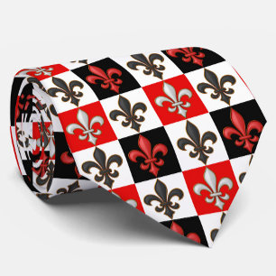 Red Black White Chequered Fleur-de-lis Design Tie