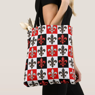 Red Black White Chequered Fleur-de-lis Design  Tote Bag