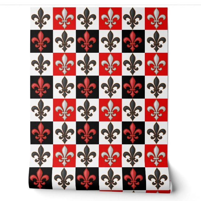 Red Black White Chequered Fleur-de-lis Design  Wallpaper (Unrolling)