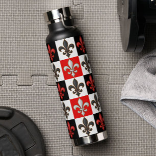 Red Black White Chequered Fleur-de-lis Design Water Bottle