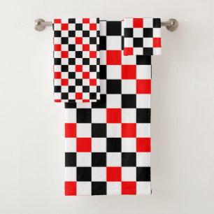 Red Black White Chequered Pattern Design  Bath Towel Set