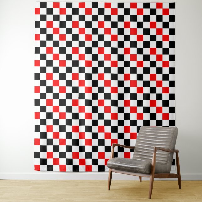 Red Black White Chequered Pattern Design  Tapestry (In Situ)