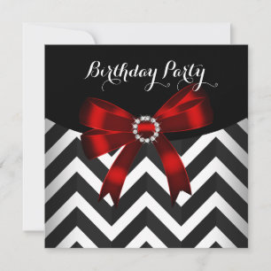 Red Black White Chevron Stripe Birthday Party (3) Invitation