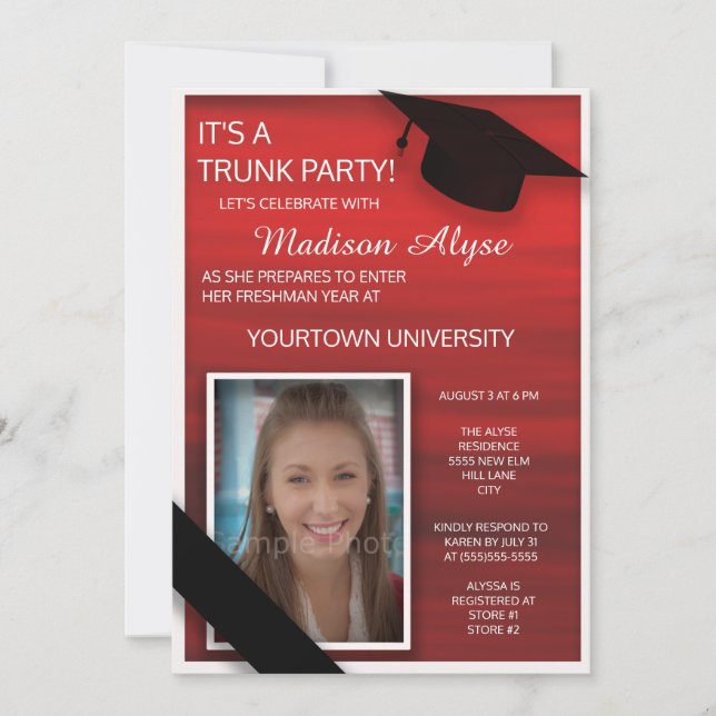 Red Black White College Trunk Party Photo Invitation (Front)