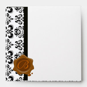 RED BLACK WHITE DAMASK  BROWN WAX SEAL MONOGRAM ENVELOPES