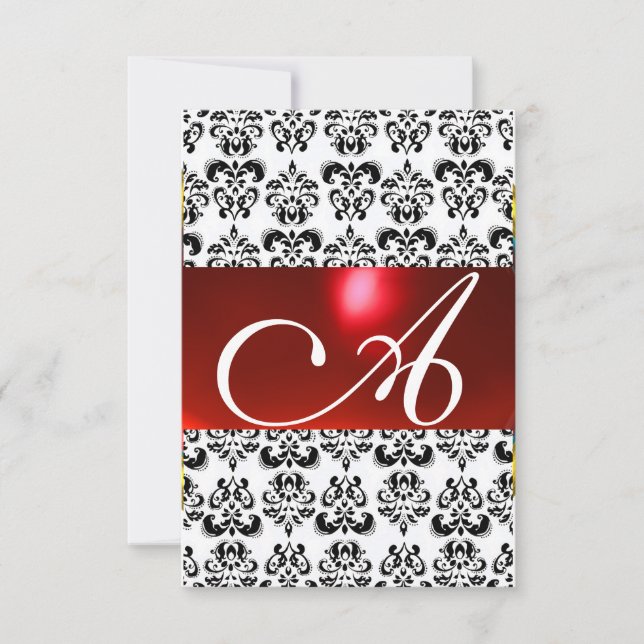 RED BLACK WHITE DAMASK GEM MONOGRAM rsvp silver Invitation (Front)