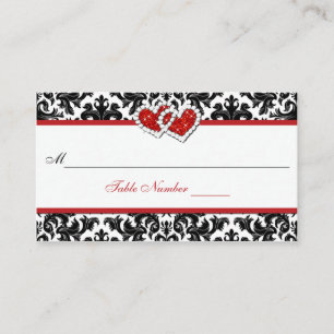 Red Black White Damask Joined Hearts Place Card