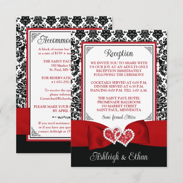 Red, Black, White Damask, Love Hearts Enclosure RSVP Card (Front/Back)
