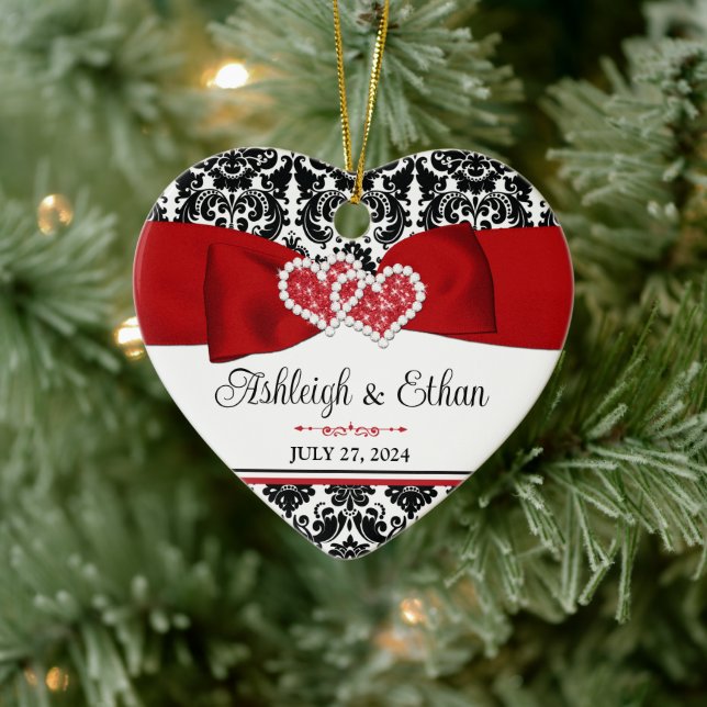 Red, Black, White Damask Love Hearts Wedding Ceramic Tree Decoration (Tree)