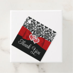 Red, Black, White Damask Love Hearts Wedding Favour Tags