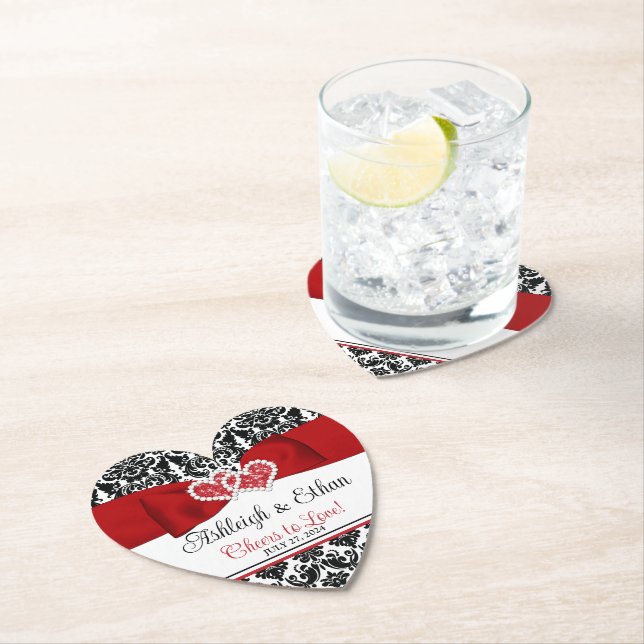 Red, Black, White Damask Love Hearts Wedding Paper Coaster (Insitu)
