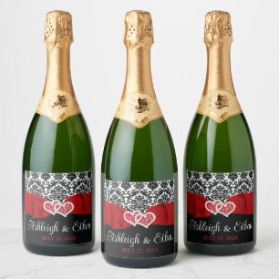 Red, Black, White Damask Love Hearts Wedding Sparkling Wine Label