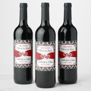 Red, Black, White Damask Love Hearts Wedding Wine Label