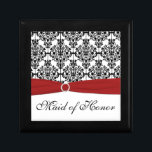 Red, Black, White Damask Maid of Honour Trinket Bo Gift Box<br><div class="desc">This customisable black and white damask jewellery box has a red FAUX ribbon and jewelled brooch on it. You can change the words "Maid of Honour" to whatever wedding party member you need, like the name of the recipient, their monograms, or just "Thank You". If you have any requests for...</div>