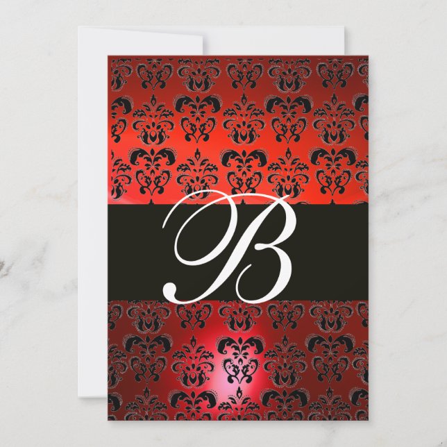 RED BLACK WHITE  DAMASK MONOGRAM RSVP INVITATION (Front)