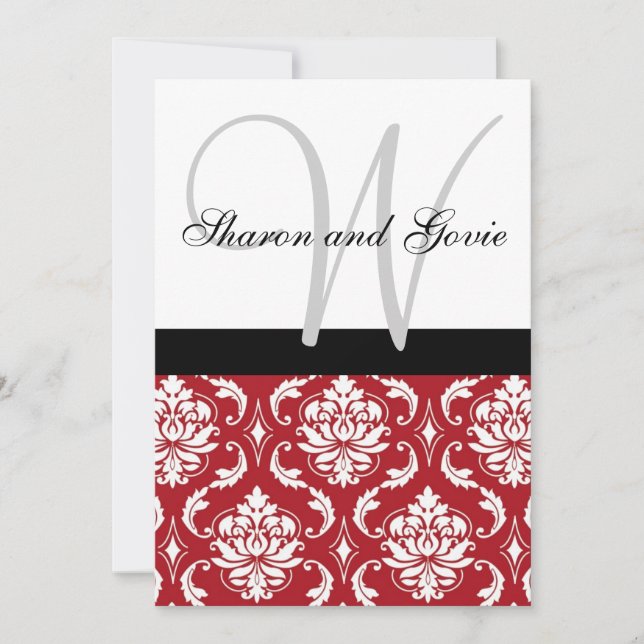 Red Black White Damask Monogram Wedding Invitation (Front)