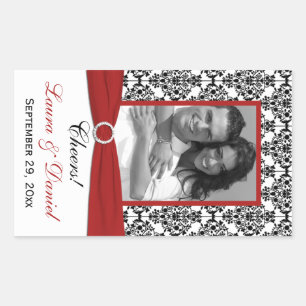 Red, Black, White Damask Photo Wine Label Sticker