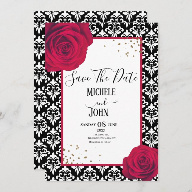 Red Black & White damask save the date Invitation (Front/Back)