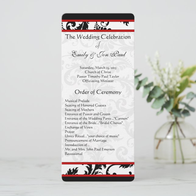 Red Black White Damask Swirl Wedding Program Programme (Standing Front)