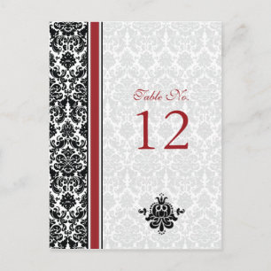 Red, Black, White Damask Table Number Card