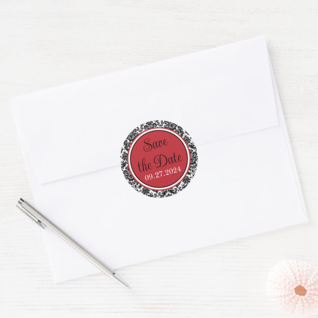Red, Black, White Damask Wedding Classic Round Sticker (Envelope)