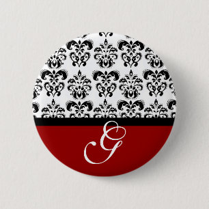 RED BLACK WHITE DAMASK WEDDING MONOGRAM 6 CM ROUND BADGE