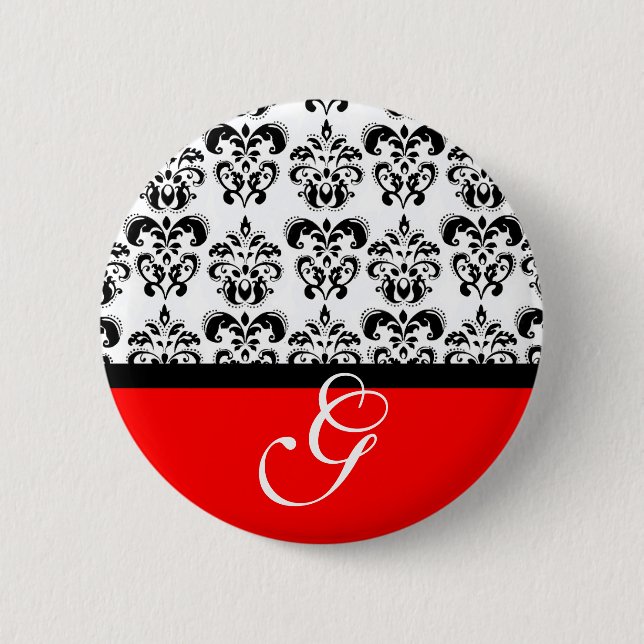 RED BLACK WHITE DAMASK WEDDING MONOGRAM 6 CM ROUND BADGE (Front)