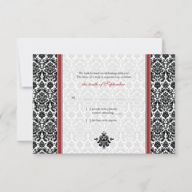 Red, Black, White Damask Wedding Reply Card (Front)