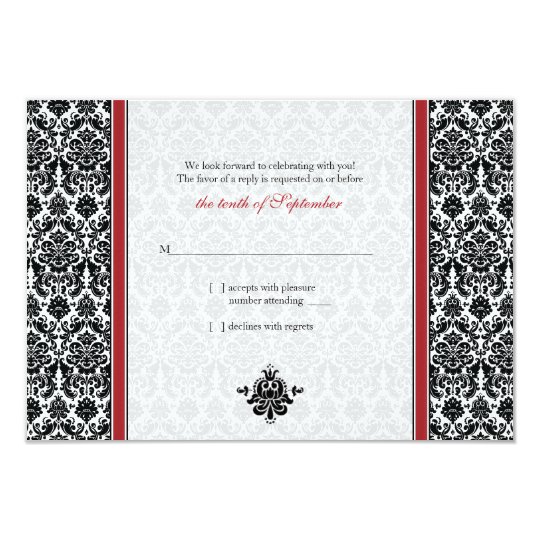 Red, Black, White Damask Wedding Reply Card
