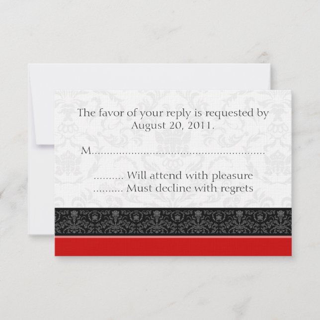 Red Black & White Damask Wedding RSVP Reply Cards (Front)