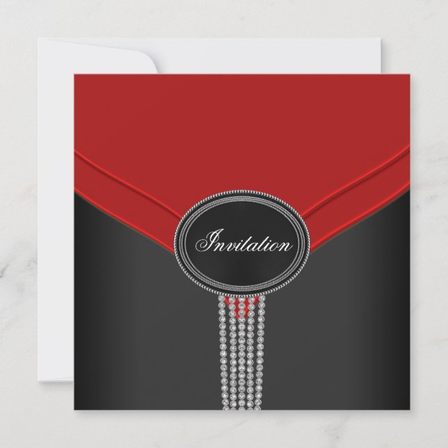 Red Black White Diamond Black Tie Party Invitation (Front)