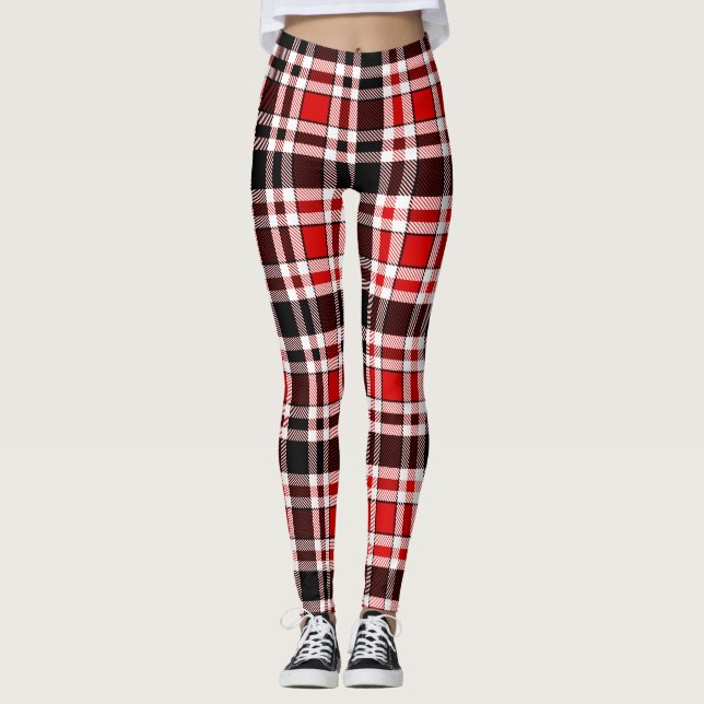 Red Black White Flannel Tartan Pattern Design  Leggings (Front)