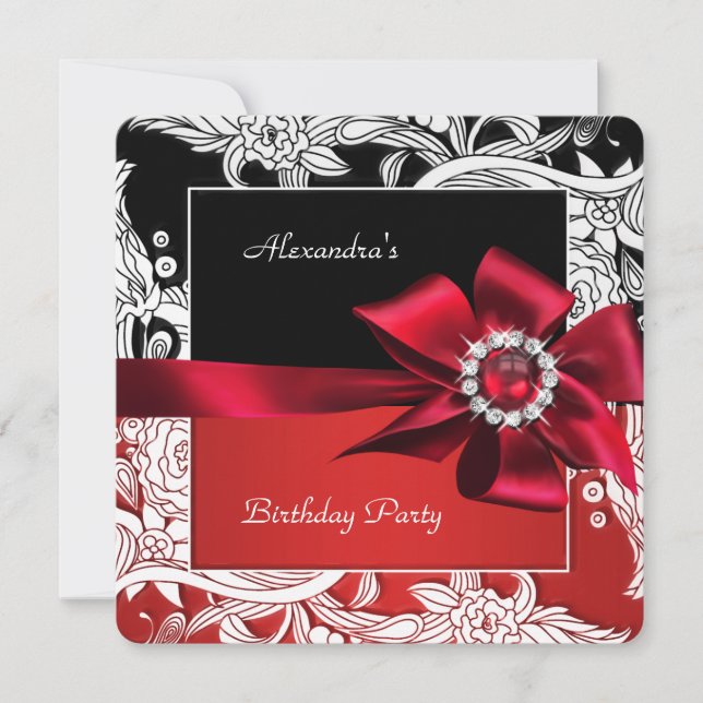 Red Black White Floral Birthday Party Invitation (Front)