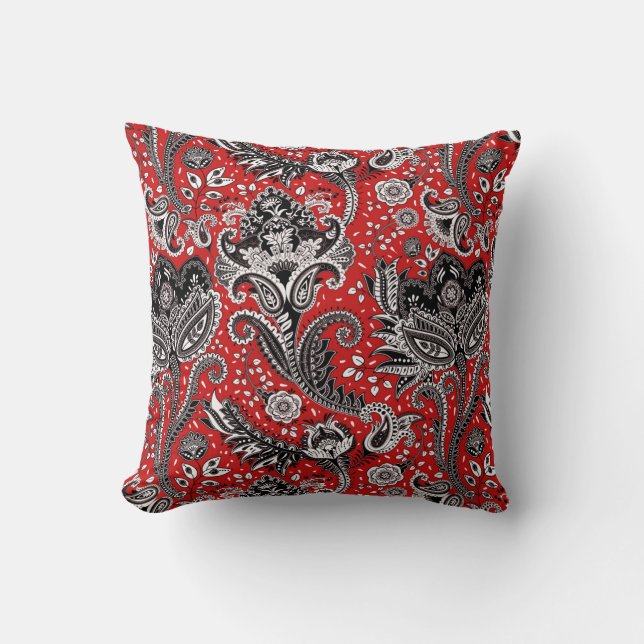 Red Black & White Floral Paisley Bohemian Boho Cushion (Front)