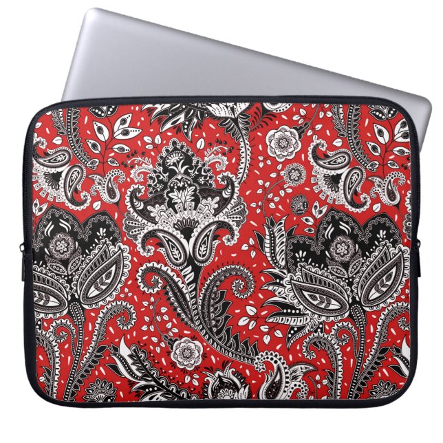 Red Black & White Floral Paisley Bohemian Boho Laptop Sleeve (Front)