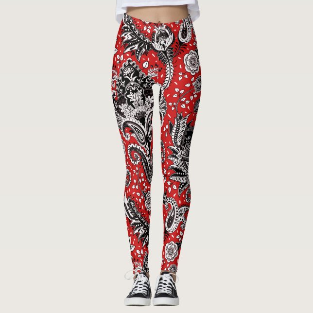 Red Black & White Floral Paisley Bohemian Boho Leggings (Front)