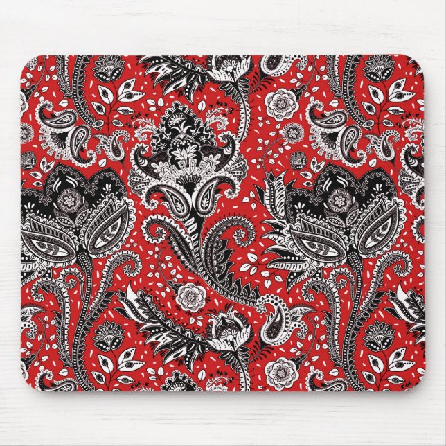 Red Black & White Floral Paisley Bohemian Boho Mouse Mat (Front)