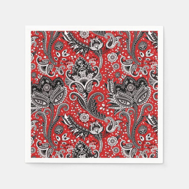 Red Black & White Floral Paisley Bohemian Boho Napkin (Front)