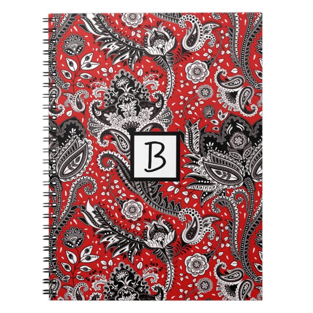 Red Black & White Floral Paisley Bohemian Boho Notebook (Front)