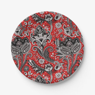 Red Black & White Floral Paisley Bohemian Boho Paper Plate