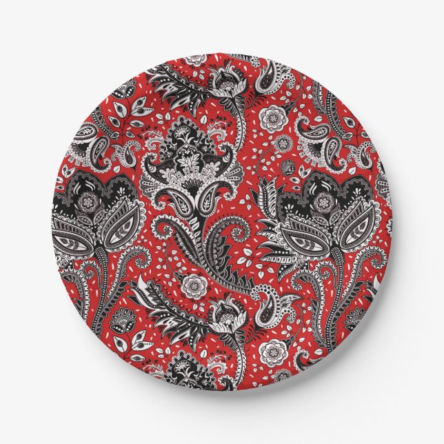 Red Black & White Floral Paisley Bohemian Boho Paper Plate (Front)