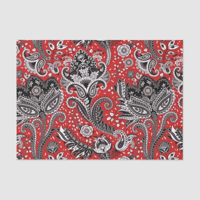 Red Black & White Floral Paisley Bohemian Boho Tissue Paper (Front)